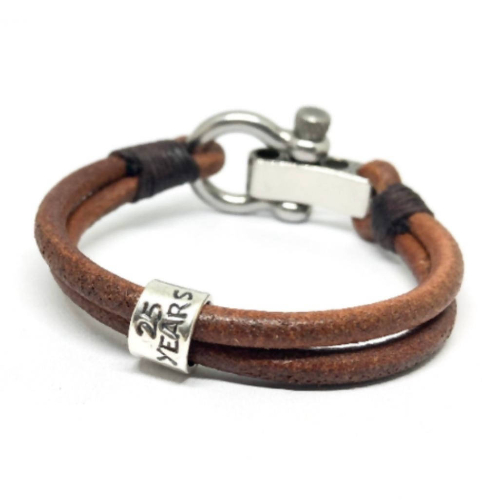 Men's Personalised Round Leather & Silver Bead Bracelet - Shackle Clasp