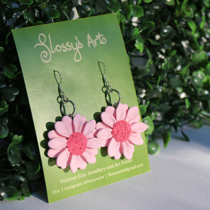 Handmade Pink Daisy Dangle Earrings, polymer clay