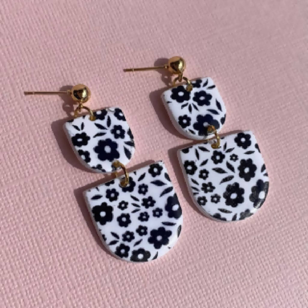 Niamh In White And Black Blossom Polymer Clay Dangle Earring