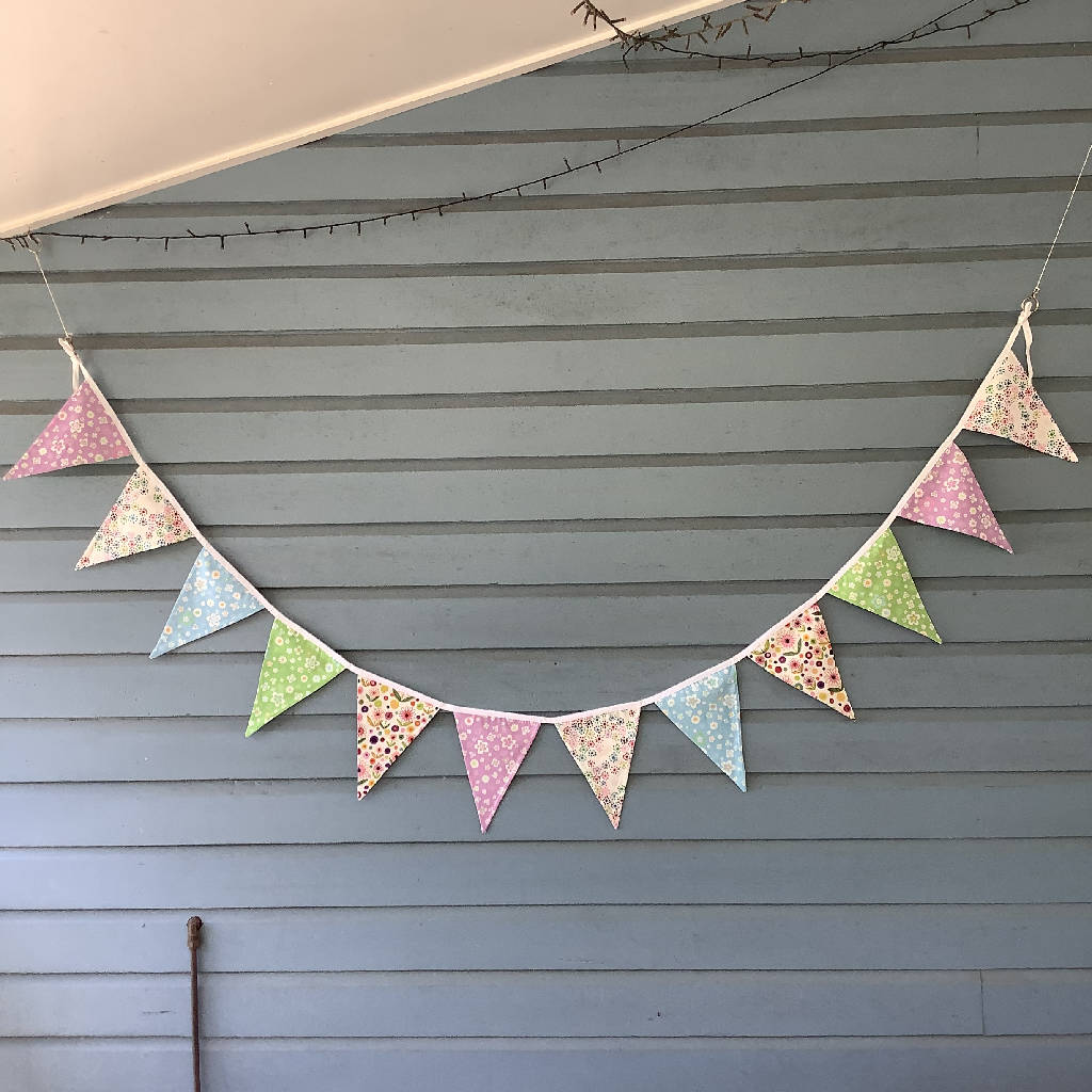 Pastel blue, purple and green, double sided fabric bunting