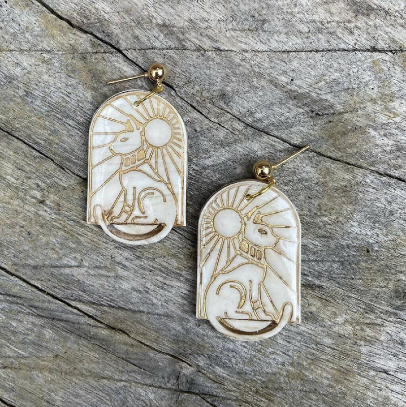 White & Gold Egyptian Cat Statement Polymer Clay Earrings