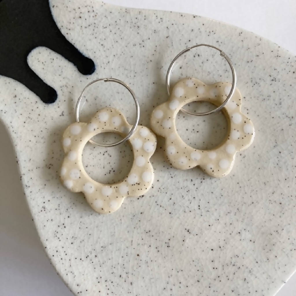 Ceramic Bohemian Flower Earrings With Sterling Silver Hoops