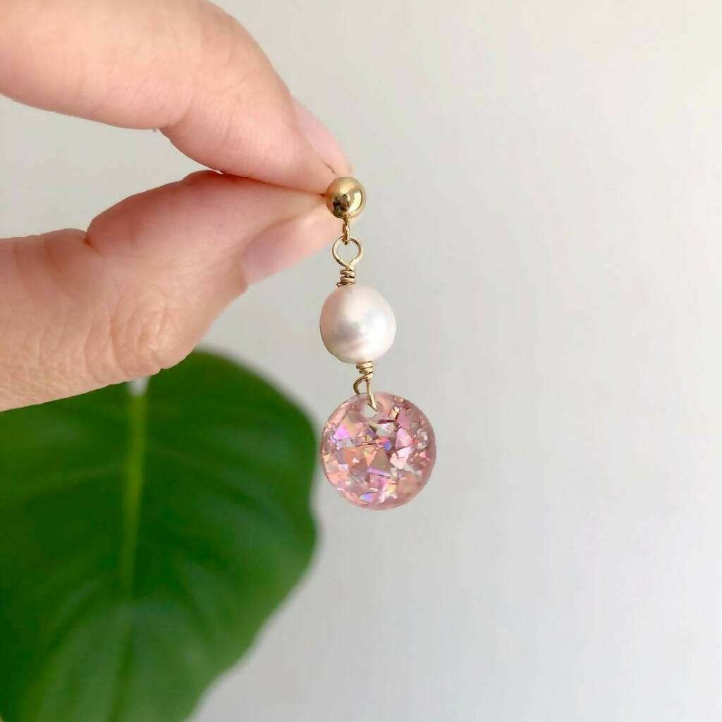 Gold or silver pink glitter baroque pearl dangle earrings