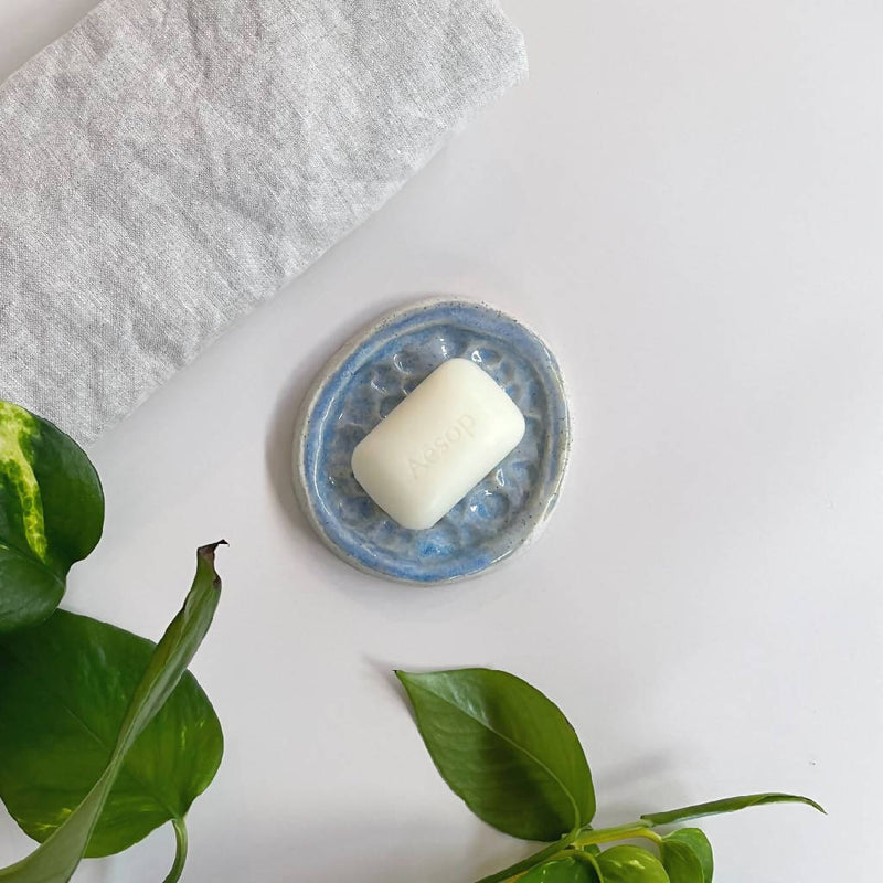 Handmade Round Ceramic Soap Dish In Blue