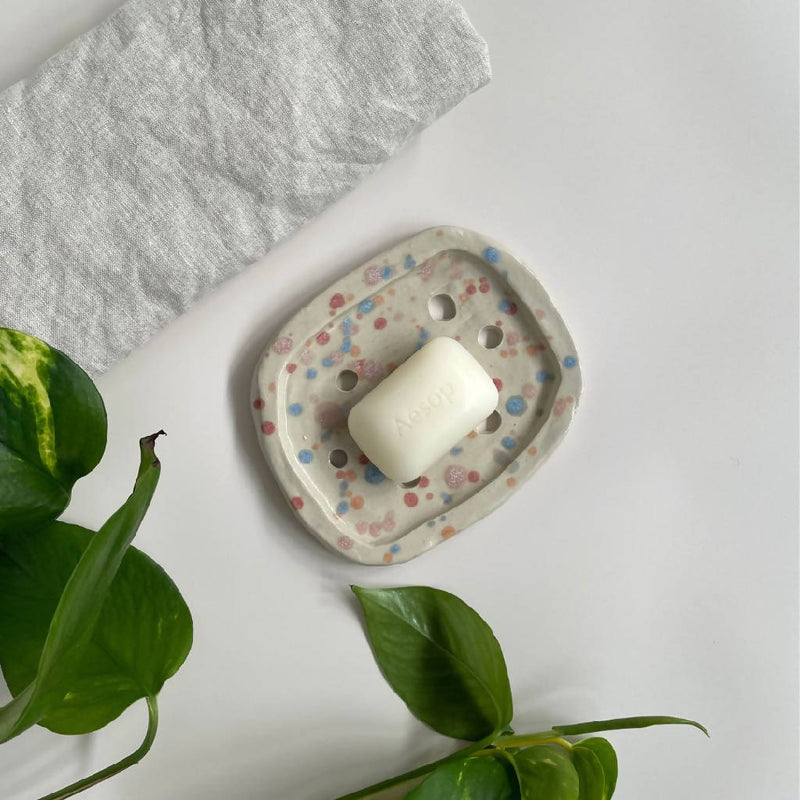 Handmade Ceramic Soap Dish In Rainbow Splat