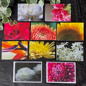 A mix pack of 10 Beautiful Floral Photography Gift Cards, Blank inside, with white envelopes and a plastic sleeve.