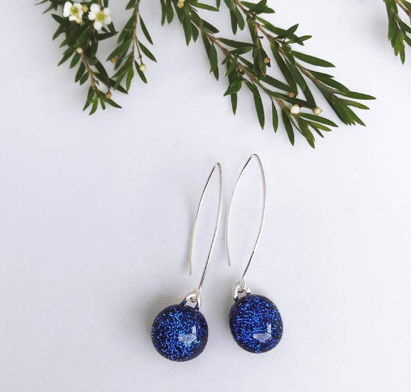 Blue Sparkle Fused Glass Drop Earrings