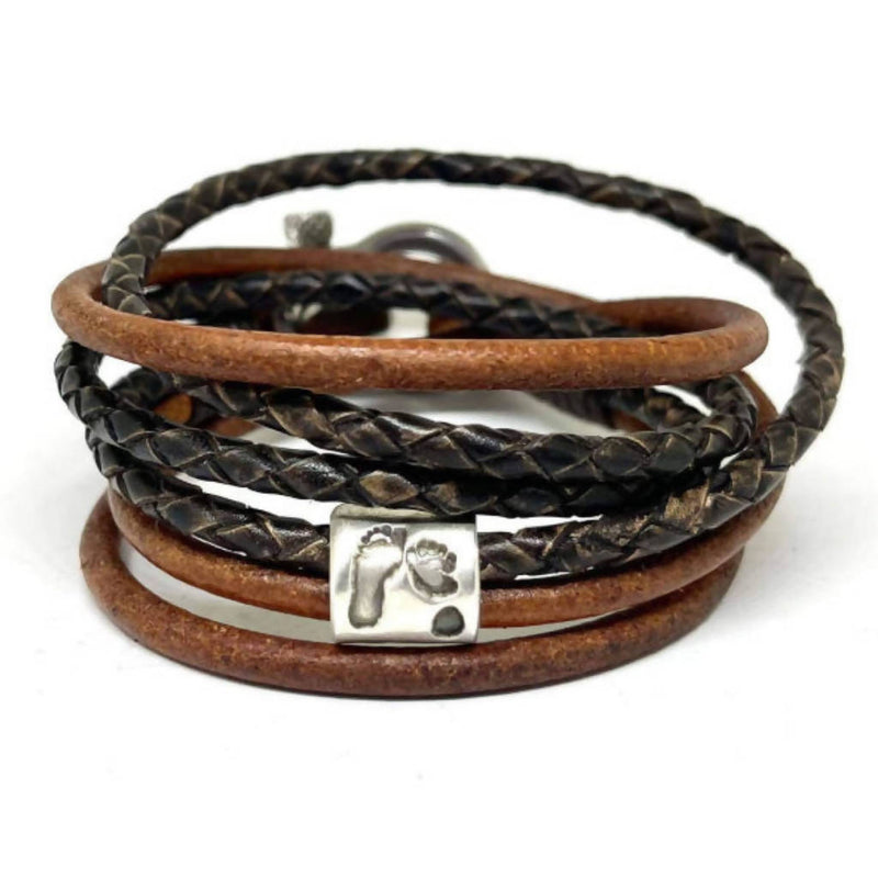 Men's Personalised Wrap Leather & Silver Bead Bracelet - Shackle Clasp