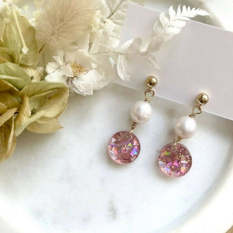 Gold or silver pink glitter baroque pearl dangle earrings