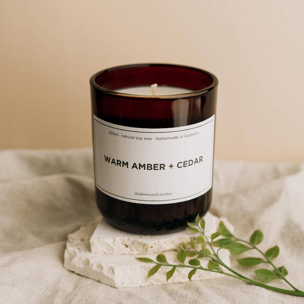 Warm Amber + Cedar | 300g Handmade Natural Soy Wax Candle | Reusable Amber Jar | Wooden Lid | Homemade in Australia