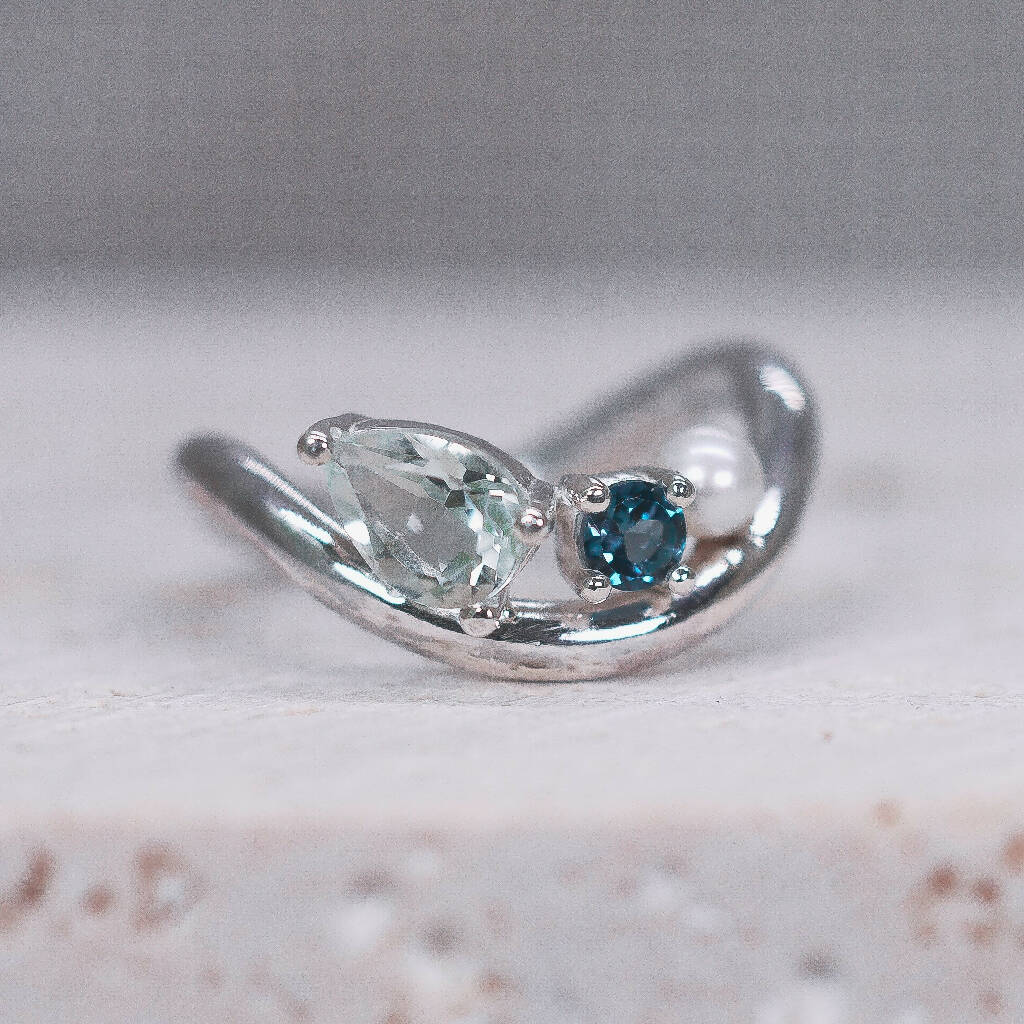GIA Wave Ring - London Blue Topaz, Green Amethyst and Pearl - Handmade