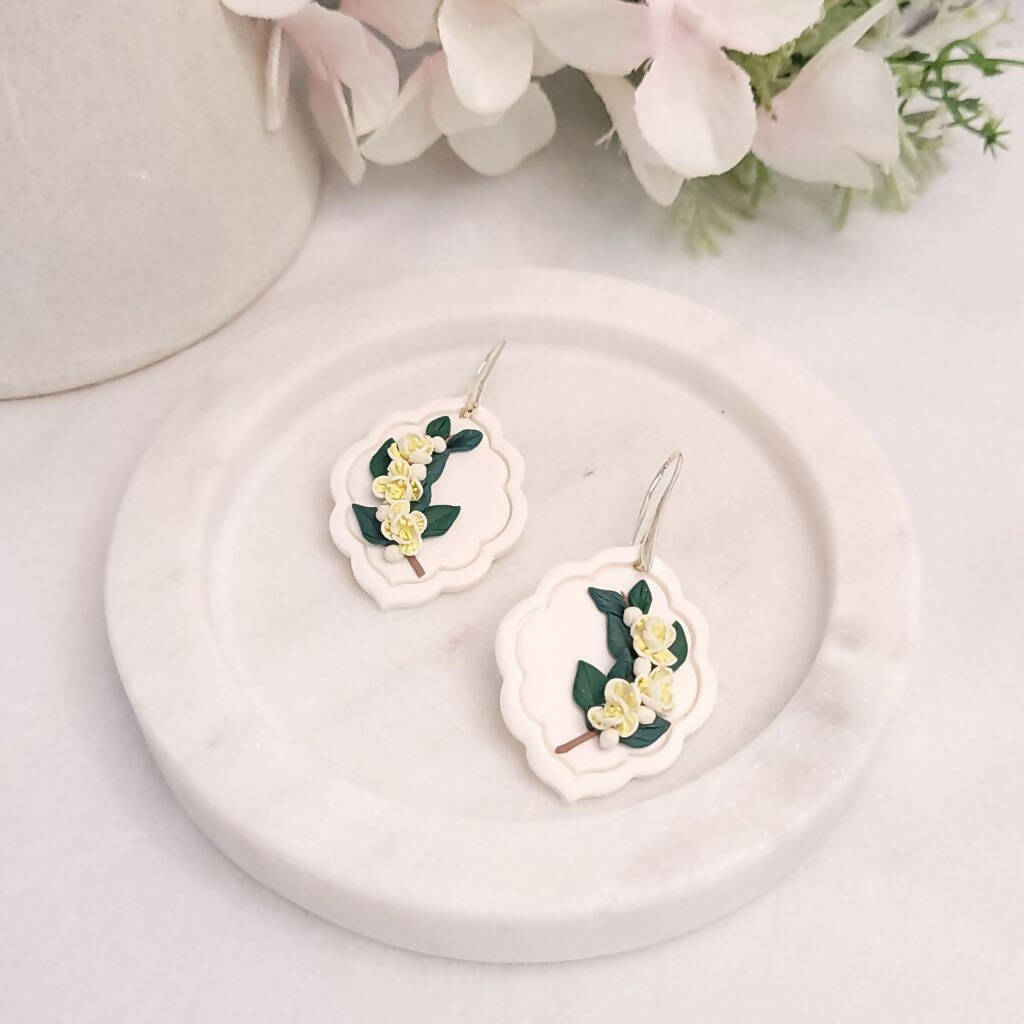 Scented Litsea earrings. Botanical jewellery. Handmade polymer clay pieces.