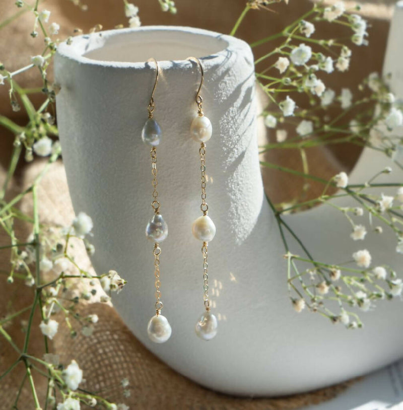 Baroque pearl and chain drop earrings