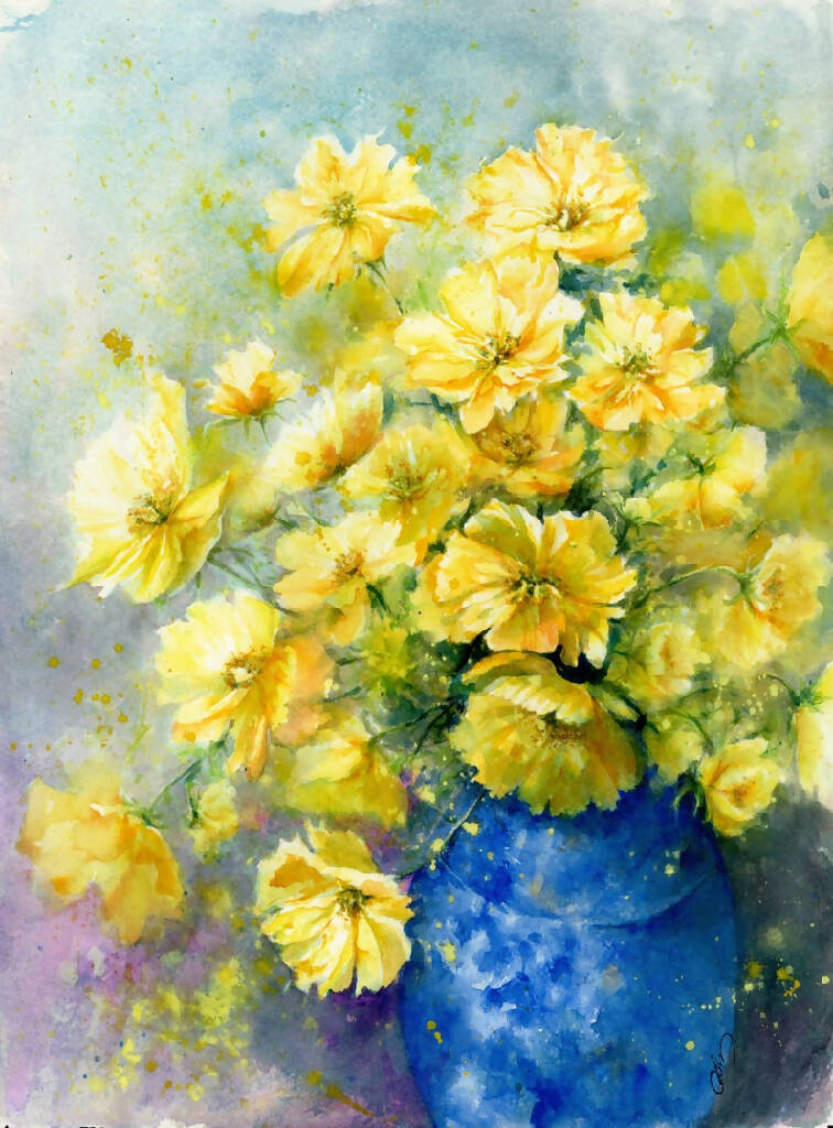 Yellow flowers still life, prints, Watercolor print, Watercolor flowers, Botanical print, Watercolour painting, floral art