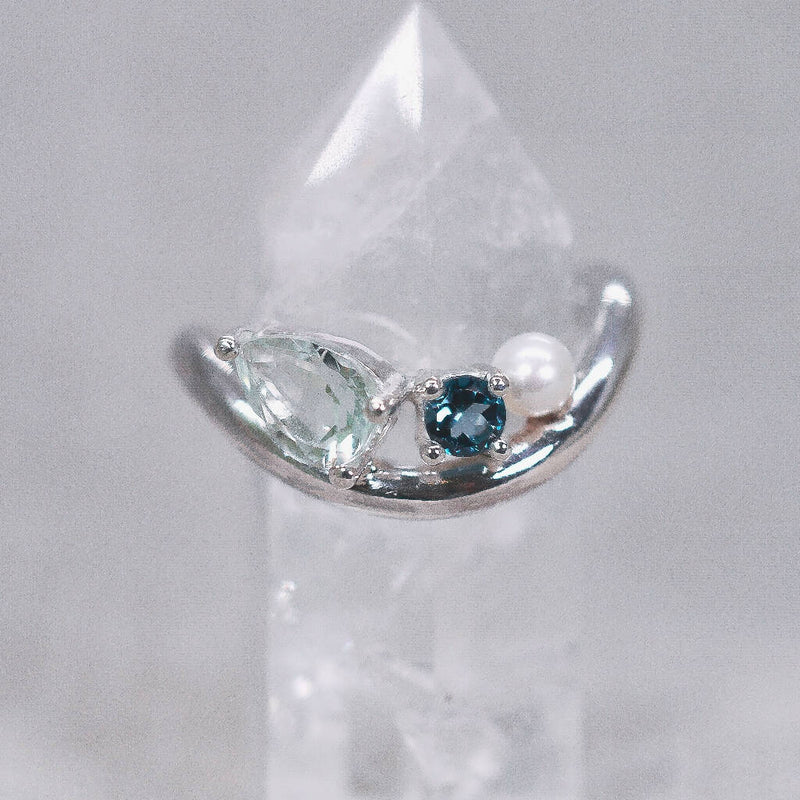 GIA Wave Ring - London Blue Topaz, Green Amethyst and Pearl - Handmade