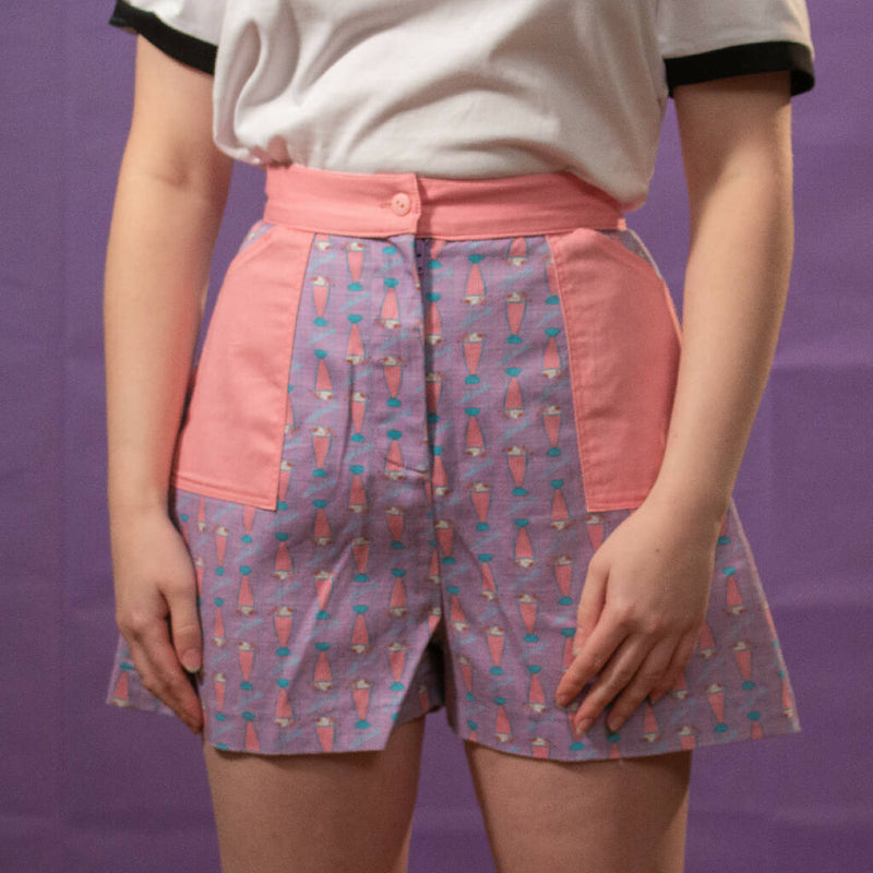 Retro 50s style milkshake print high-waisted a-line shorts