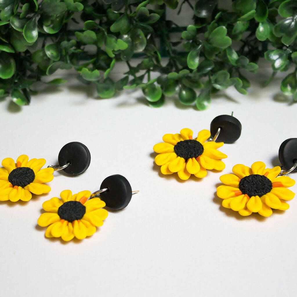 Sunflower stud-top dangles, polymer clay earrings,
