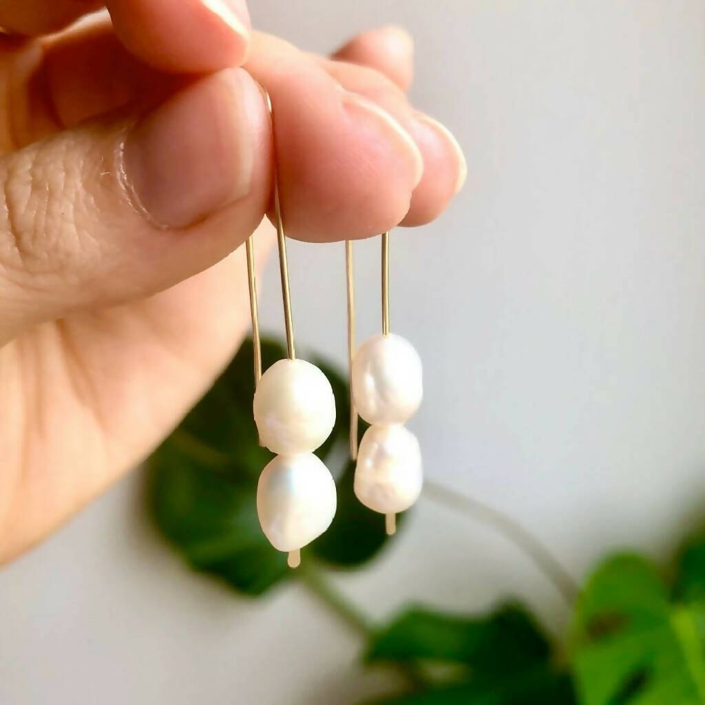 Original Pearl Threaders - Long Hook White Baroque Pearl Drop Earrings