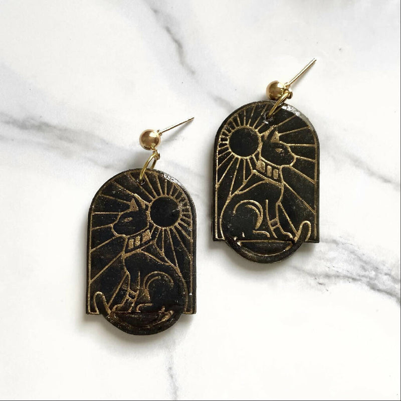 Black & Gold Egyptian Cat Statement Polymer Clay Earrings