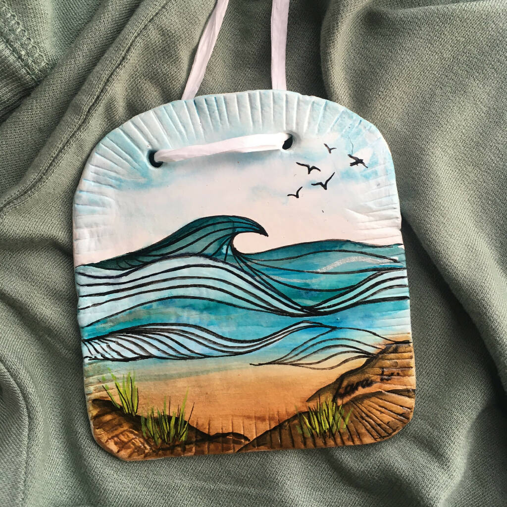 Beach wave design - wall hanging clay tile, artwork