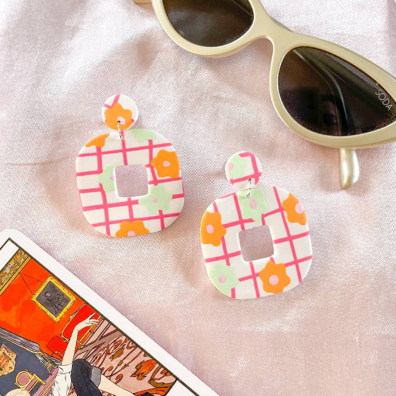 Square Pink And Orange Barbie Pattern Handmade Earrings