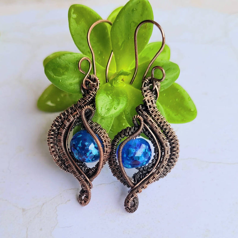 Blue Lampwork Glass Copper Wire Woven Drop Earrings