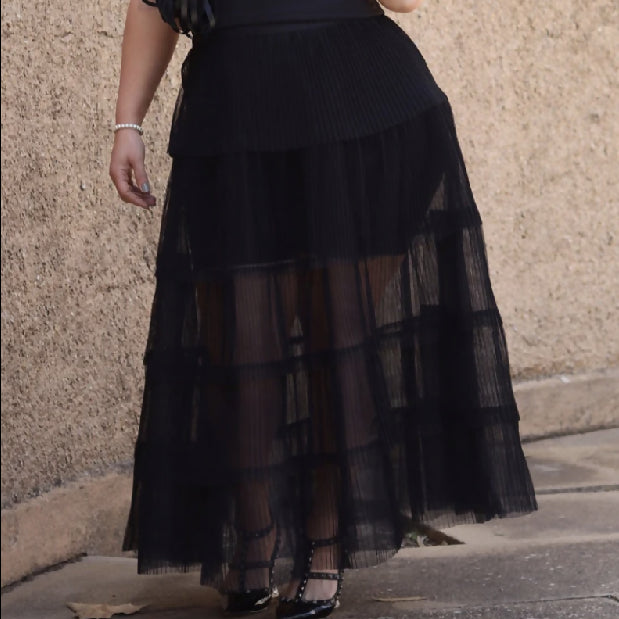 COCO Maxi Layered Pleated Tulle Sheer Skirt