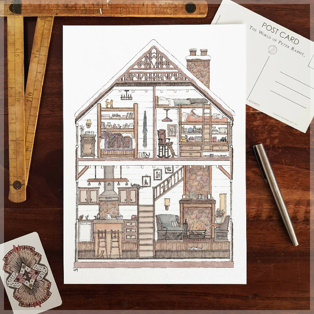 A4 Fine Art Print Log Cabin with 10 Hidden Cats