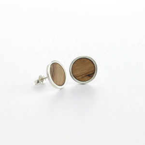 OLIVE CIRCLE STUD EARRINGS- Handmade sterling silver circle stud earrings with a Tasmanian native wood inlay
