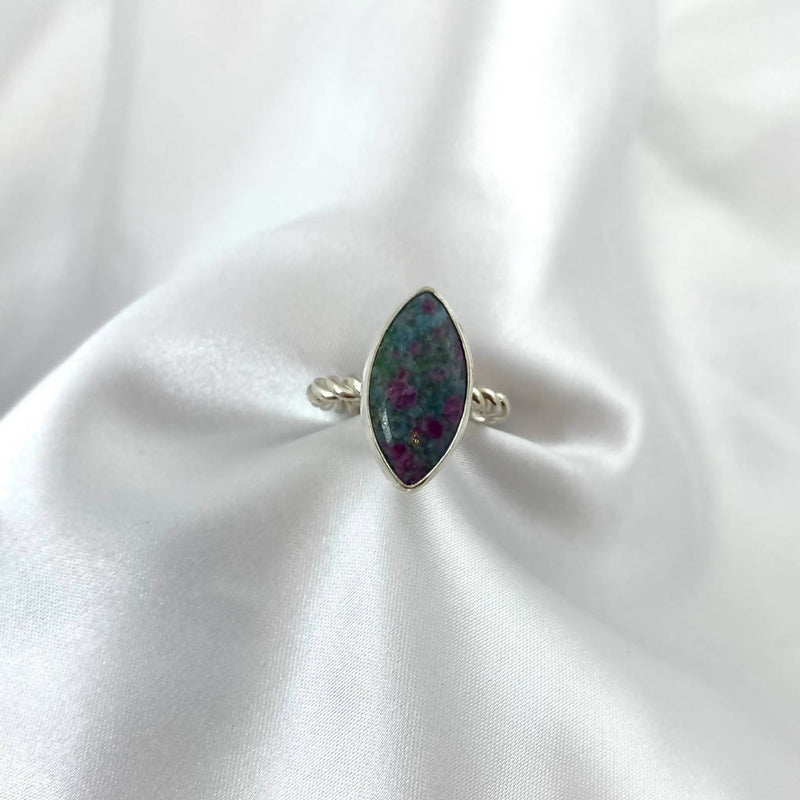 Handmade Sterling Silver Ruby In Fuchsite Ring With A Twist