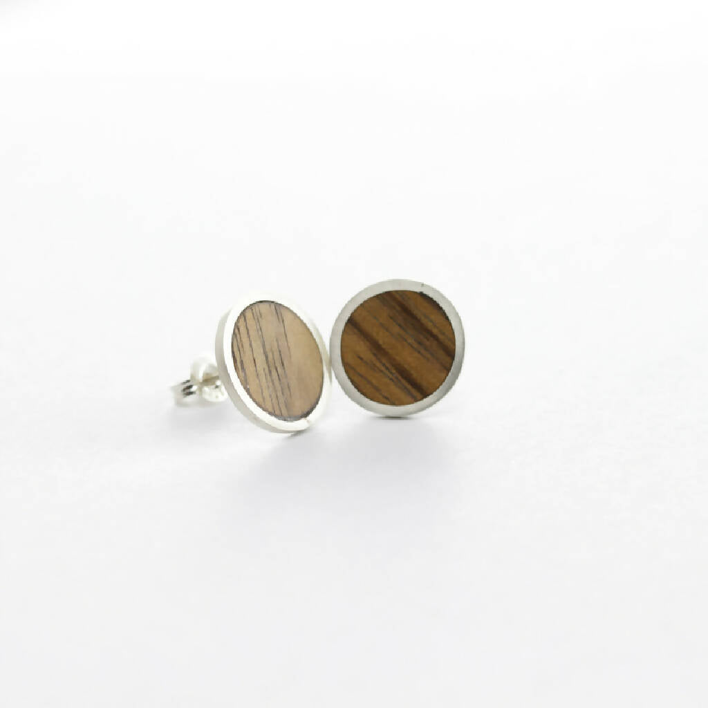 SALLY CIRCLE STUD EARRINGS- Handmade sterling silver circle stud earrings with a Tasmanian native wood inlay
