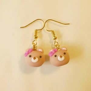 Cute Little Bear Drop Earrings - Handmade Pink 3D