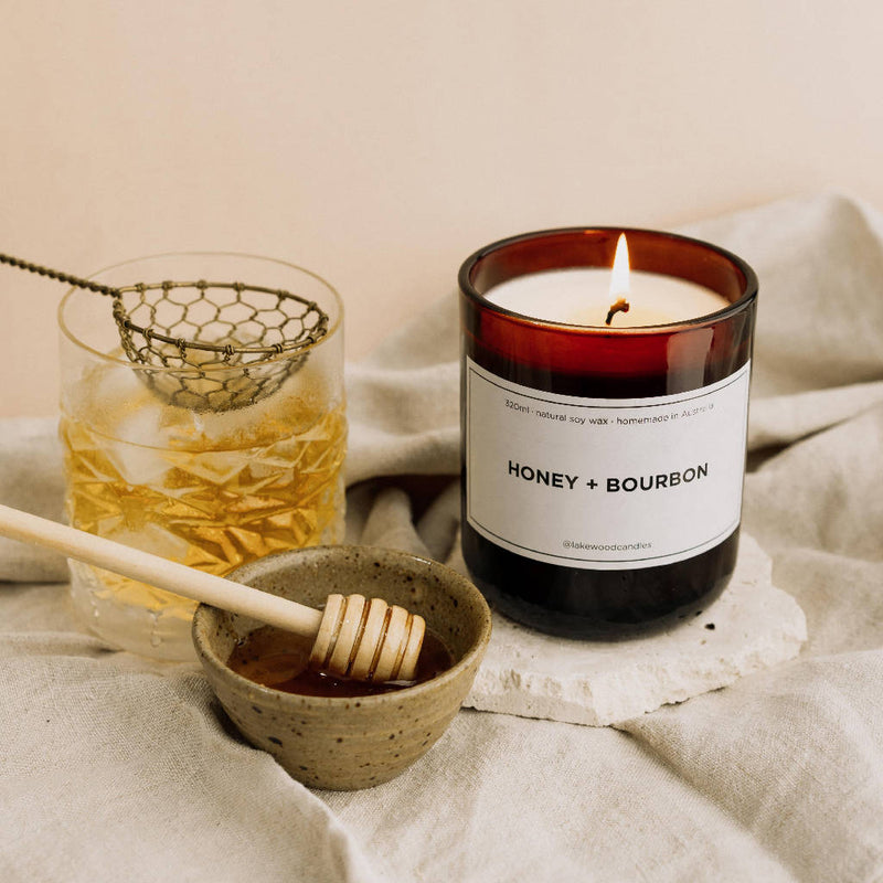 Honey + Bourbon | 300g Handmade Natural Soy Wax Candle | Reusable Amber Jar | Wooden Lid | Homemade in Australia