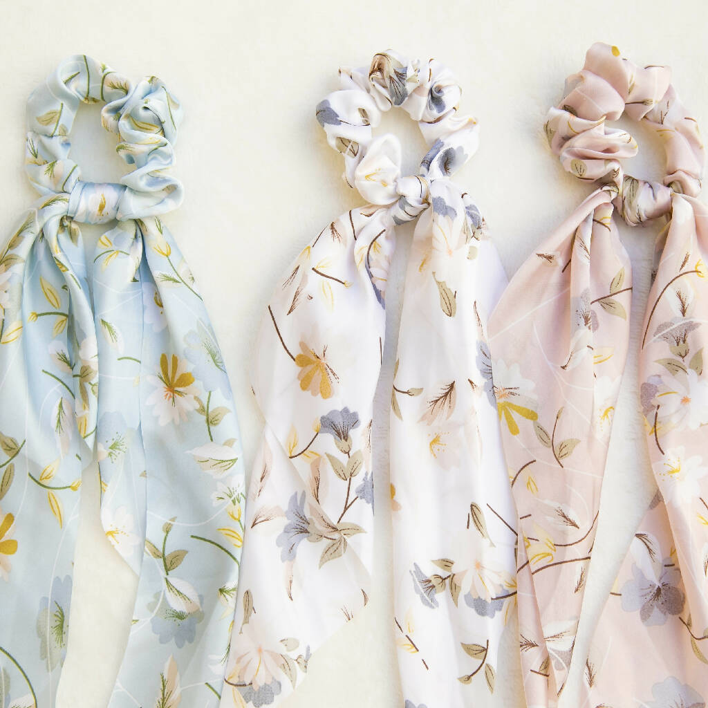 Holiday Vibe Floral Soft Satin Scarf Scrunchies, spring summer elegant Hair Scrunchies Scarf, Hair Scarf with knot, silky Elastic Hair Tie
