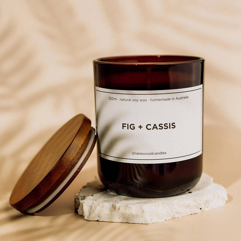 Fig + Cassis | 300g Handmade Natural Soy Wax Candle | Reusable Amber Jar | Wooden Lid | Homemade in Australia