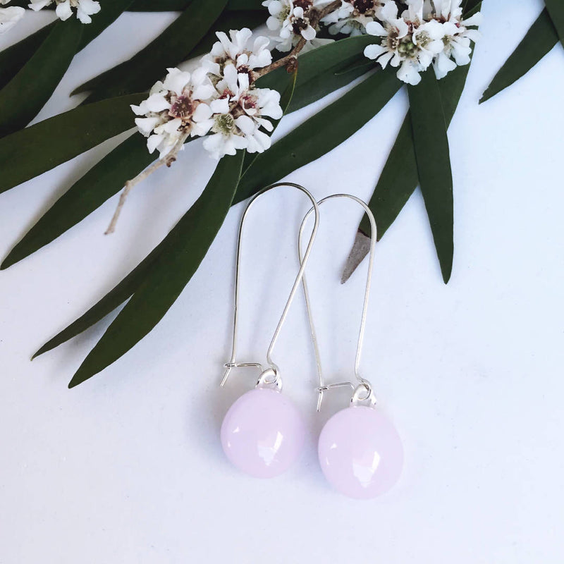 Pale Pink Fused Glass Long Dangle Earrings