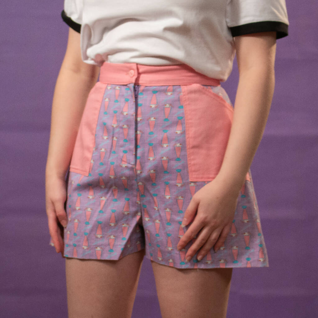 Retro 50s style milkshake print high-waisted a-line shorts