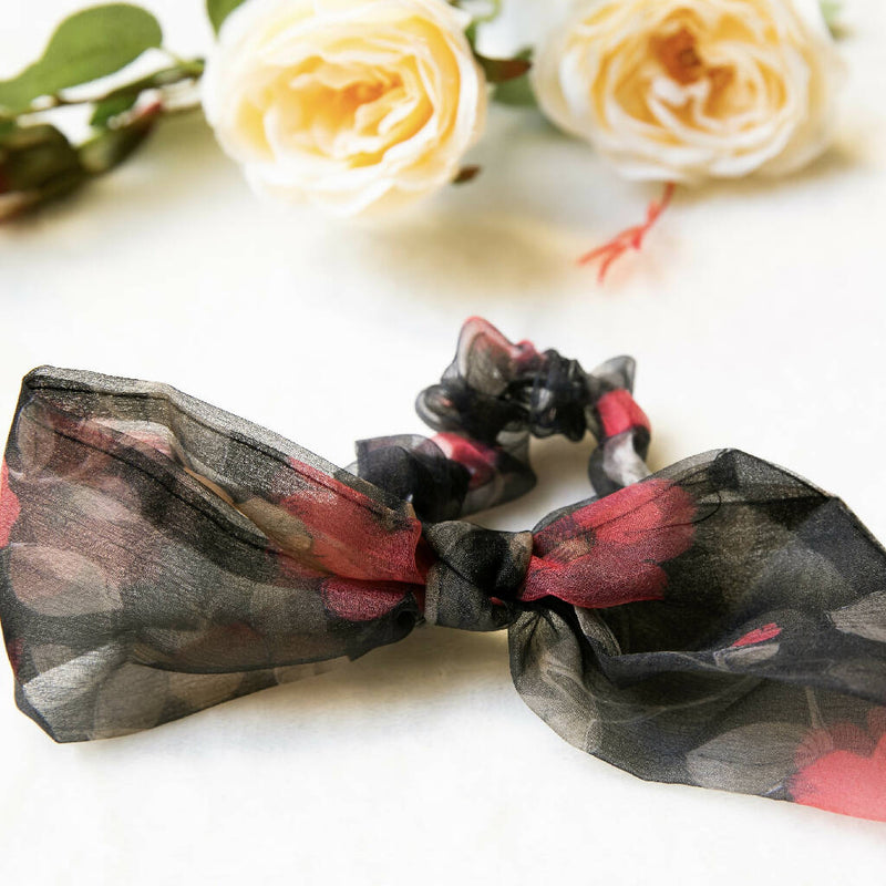 UNIQUE! Oversize Floral Chiffon Bow Scrunchie scarf, vintage style Scrunchie With Long Tails, classic elegant Hair scrunchie set, elastic Hair ties