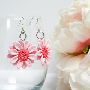 Handmade Pink Daisy Dangle Earrings, polymer clay