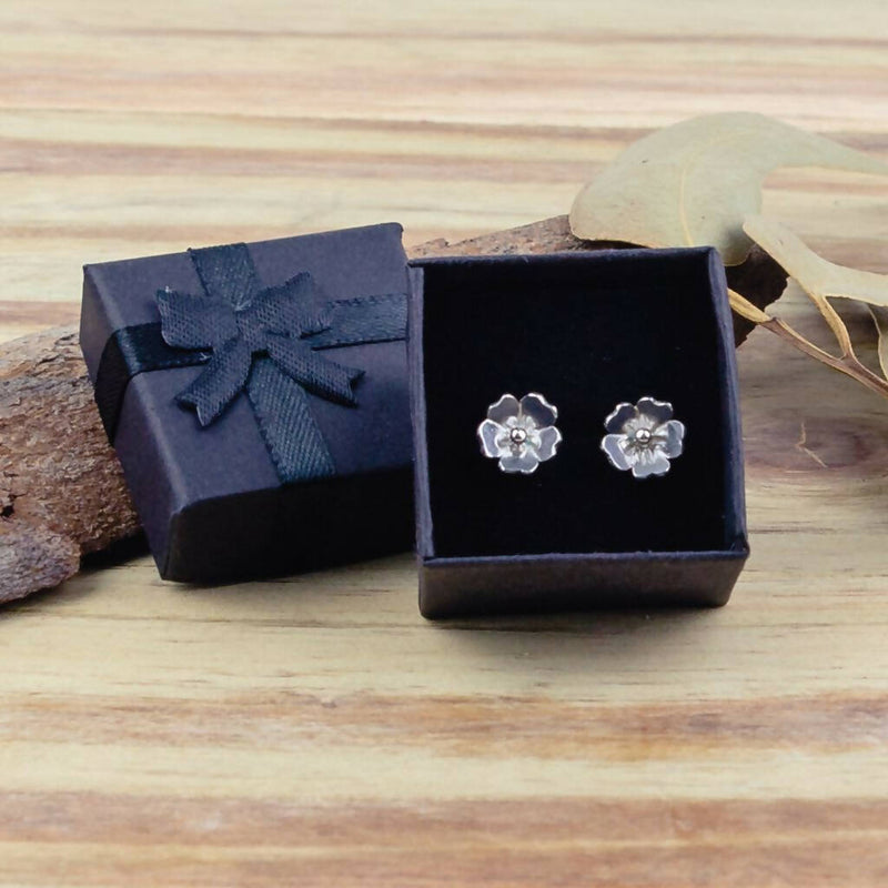 Sterling silver Forget-Me-Not flower stud earrings, unique handmade sustainable and ethical jewellery, perfect gift idea