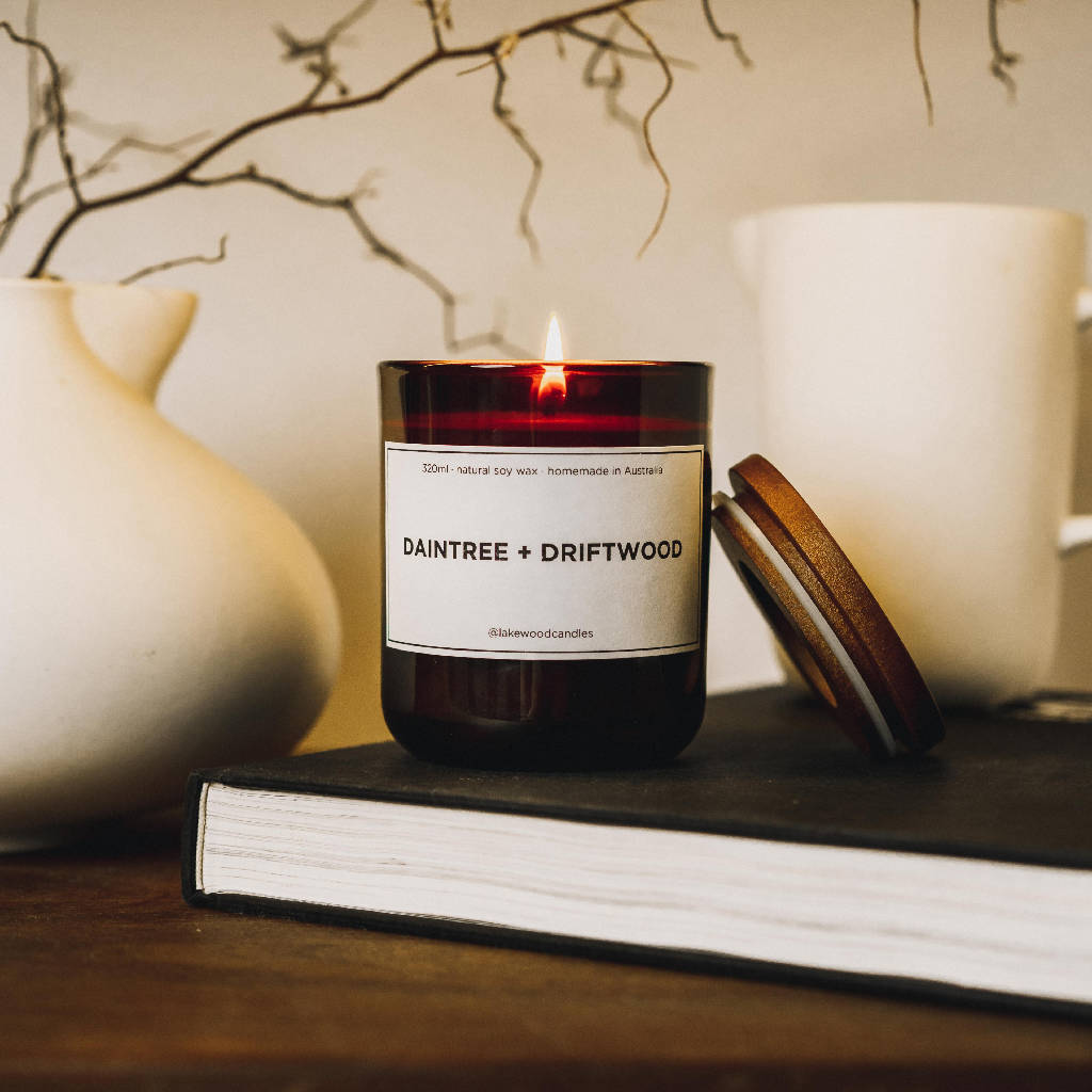 Daintree + Driftwood | 300g Handmade Natural Soy Wax Candle | Reusable Amber Jar | Wooden Lid | Homemade in Australia