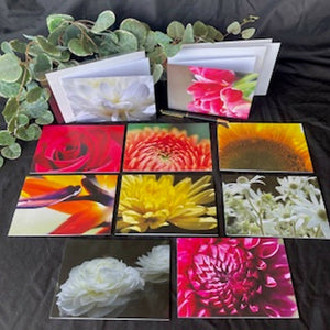 A mix pack of 10 Beautiful Floral Photography Gift Cards, Blank inside, with white envelopes and a plastic sleeve.