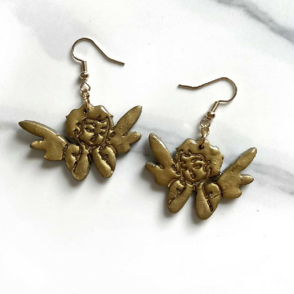 Cupid's Curse - Cherub Twins Polymer Clay Gold/Silver Statement Earrings