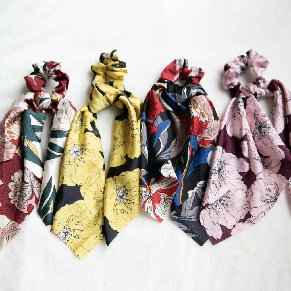Effortless chic Holiday vibe Bohemia Scarf Scrunchies, BIG Hair Scrunchies Scarf, Floral Hair Scarf with knot, gift for her, Elastic Hair Tie