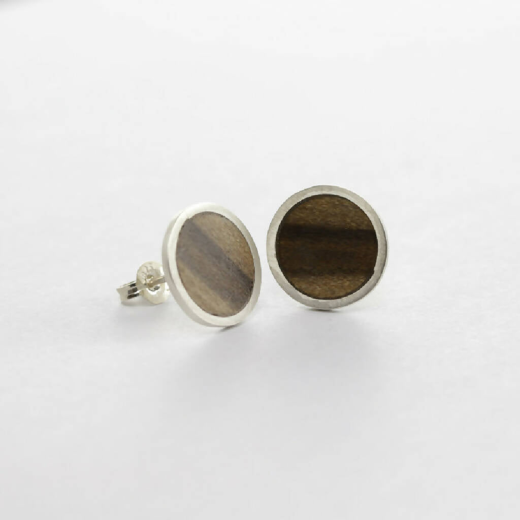 SASSY CIRCLE STUD EARRINGS- Handmade sterling silver circle stud earrings with a Tasmanian native wood inlay
