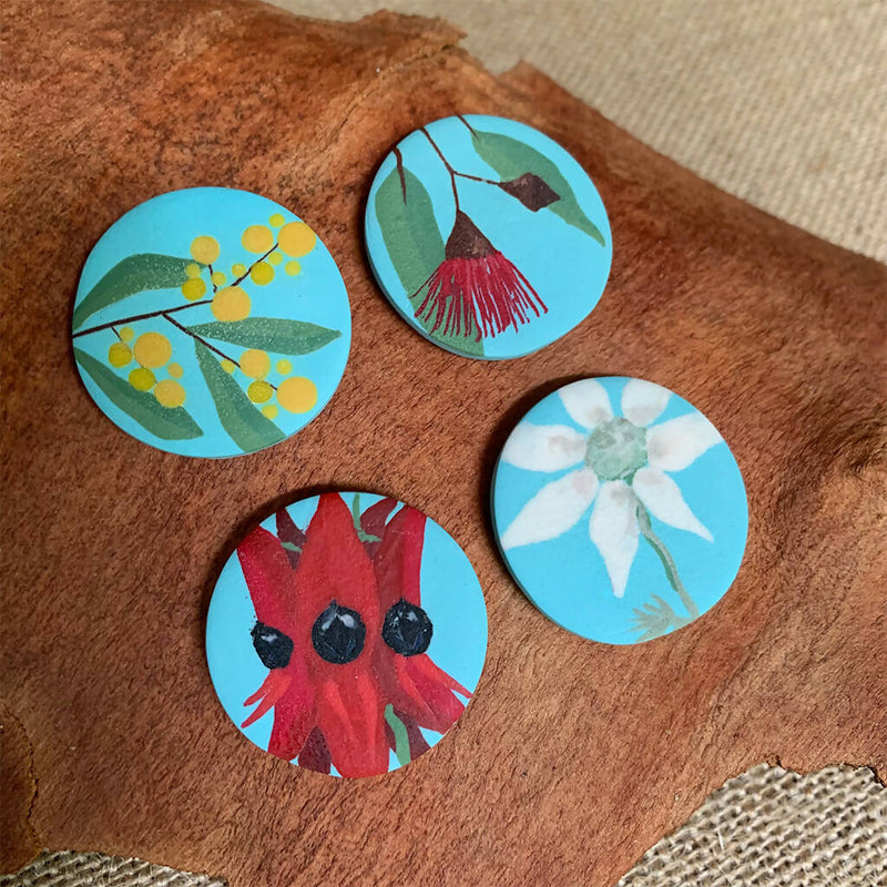 Set of 4 handmade polymer clay fridge magnets detailed with Australian native flowers. Inspired by nature.