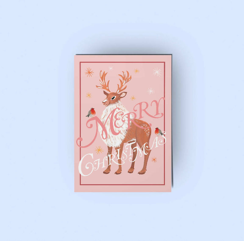 Robin & Reindeer Traditional Christmas Card Pack of 12 Handmade by Rose Line