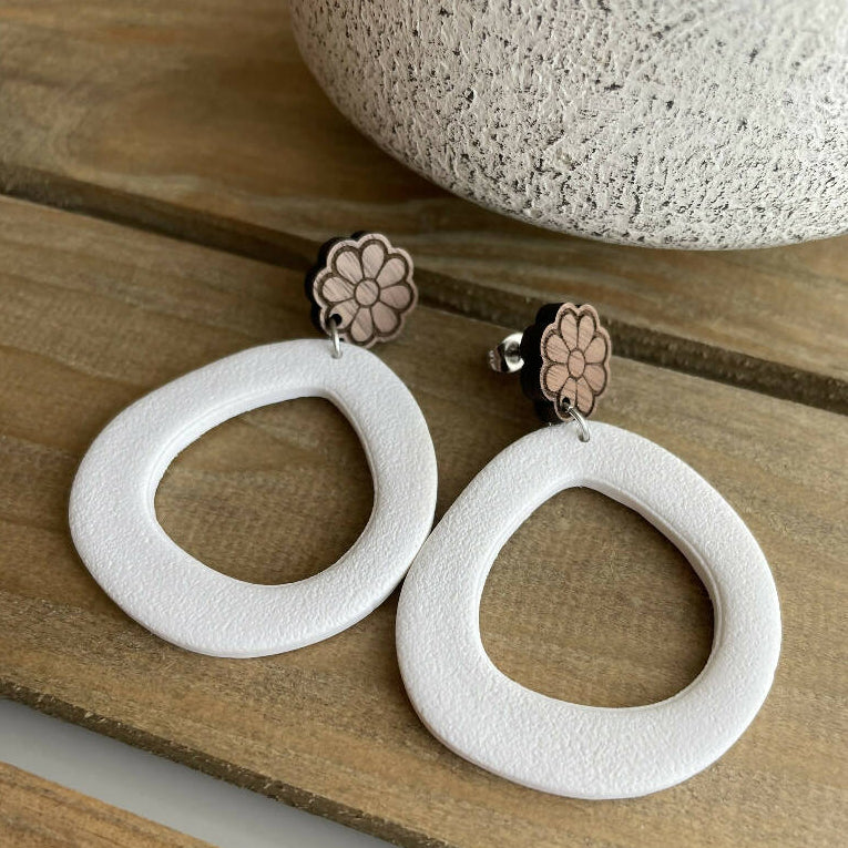 Minimalist White and Wood Clay Earrings