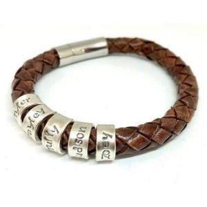 Men's Personalised Braided Leather & Pure Silver Bead Bracelet